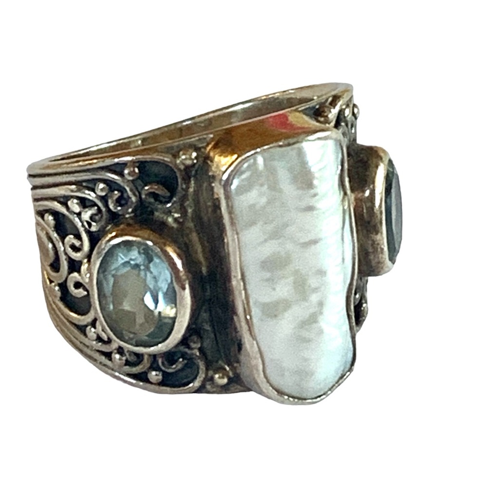ATI ID Artist Aqua Topaz Baroque Pearl 925 Sterling Silver Woman’s Ring Jewelry